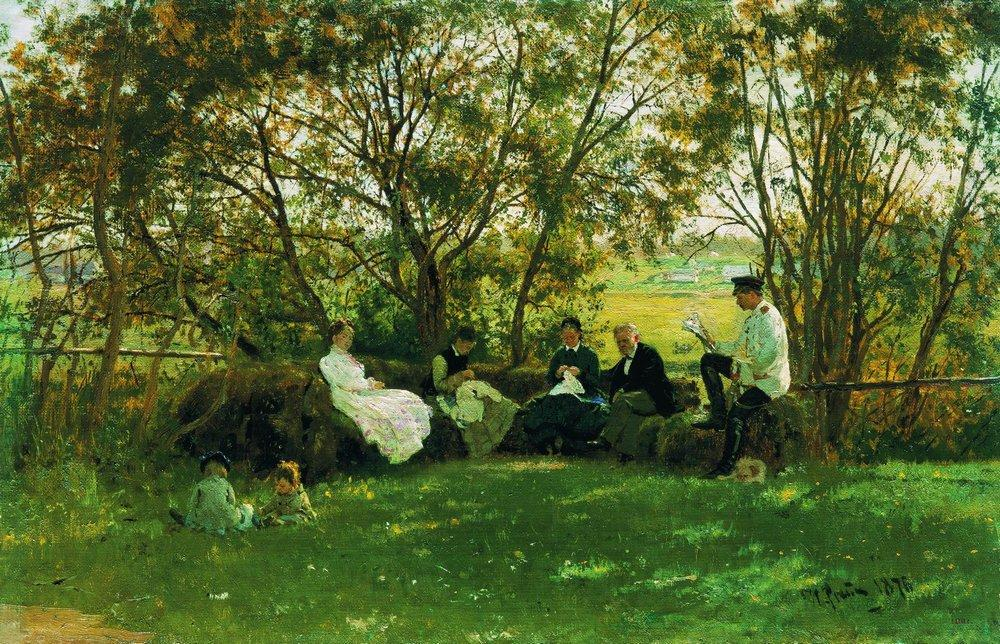 На дерновой скамье, Репин, 1876